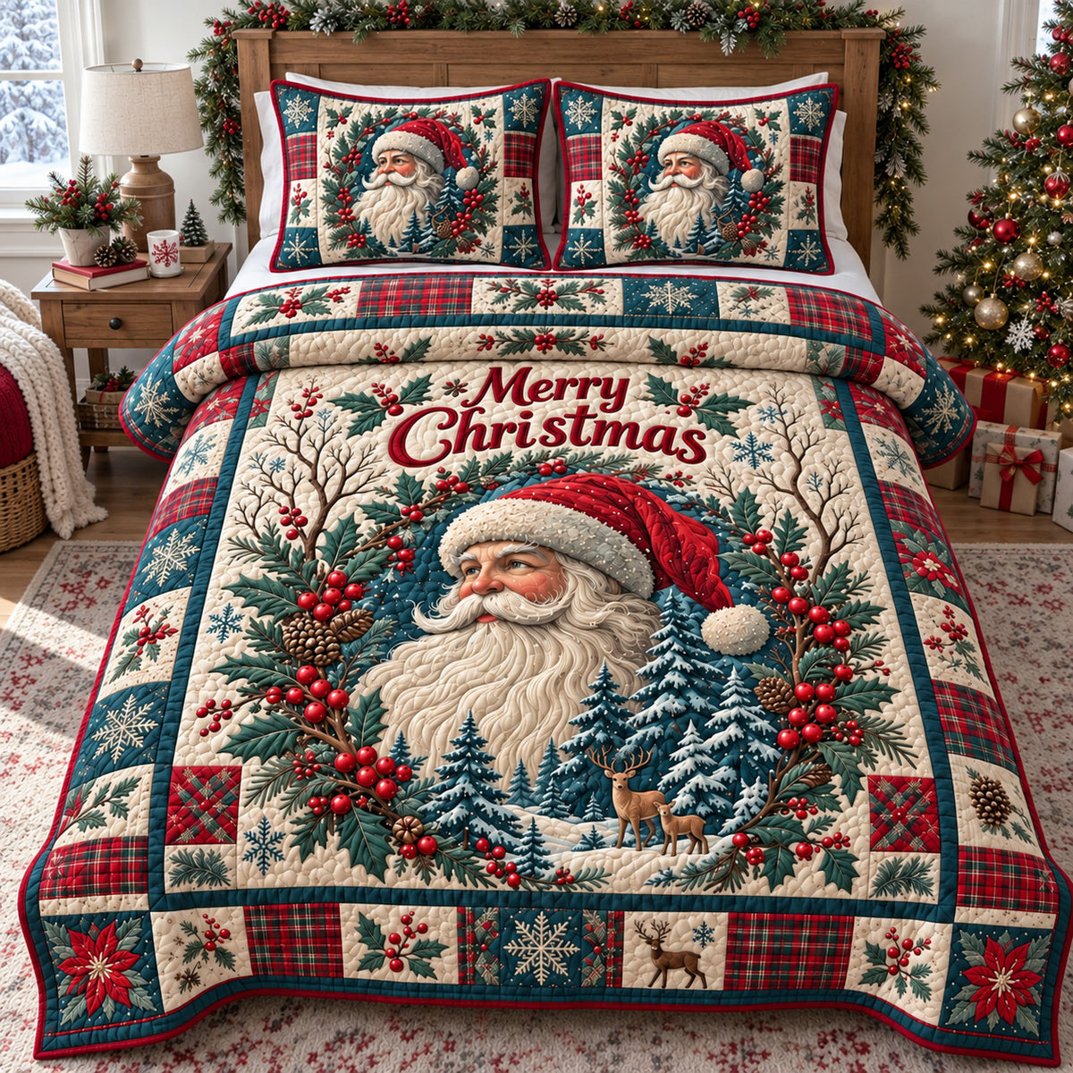 Santa Merry Christmas Woodland 3-Piece Quilted Bedding Set GFTOHNL4851