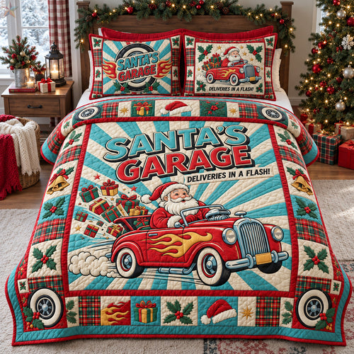 Santa Christmas Hot Rod 3-Piece Quilted Bedding Set GFTOHNL4852