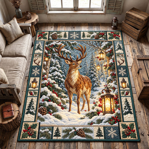 Winter Deer Lantern Forest Area Rug GFTOHNL4857