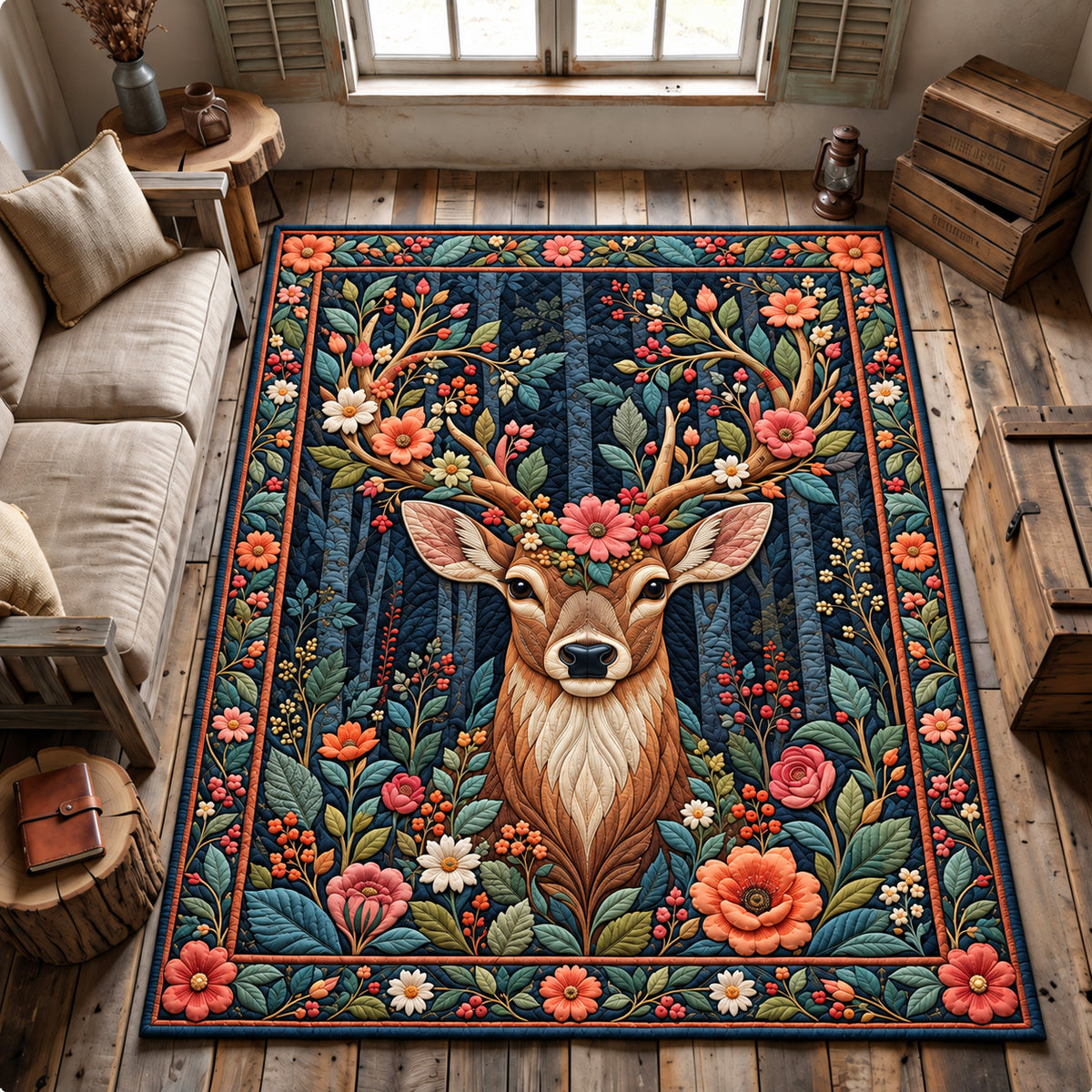 Floral Woodland Deer Area Rug GFTOHNL4858