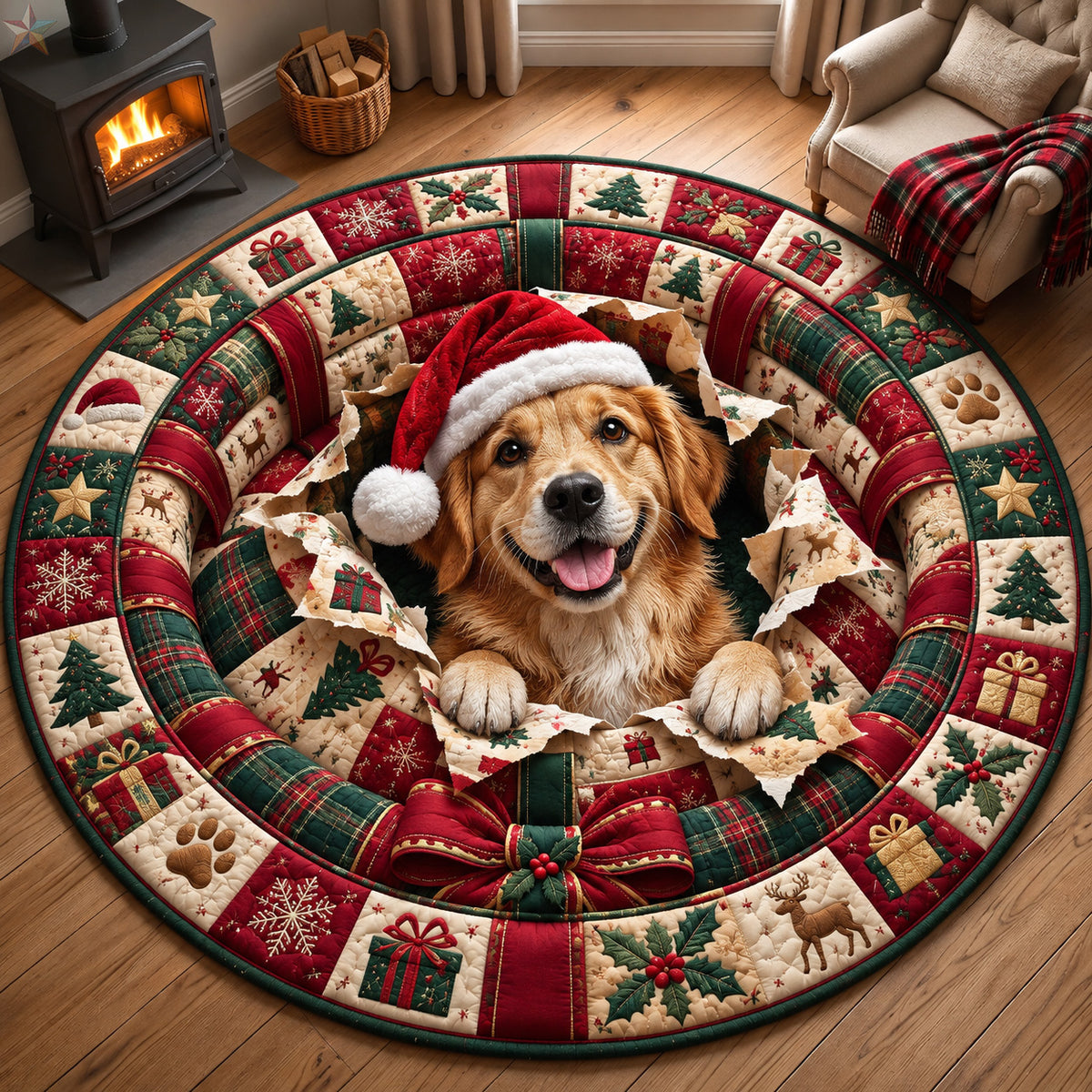 Golden Retriever Christmas Surprise Quilted Round Mat GFTOHNL4866