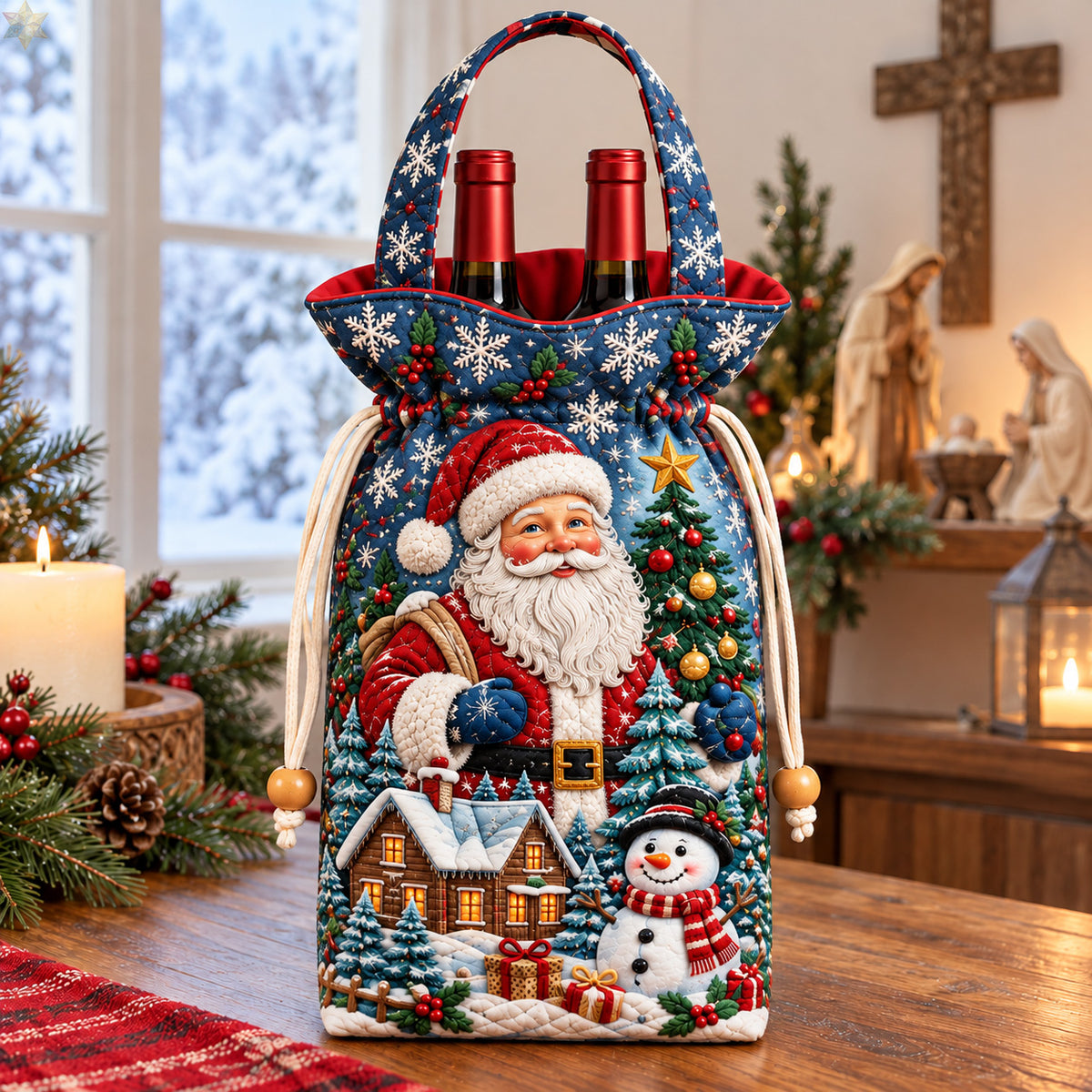Santa Winter Wonderland Quilted Bottle Carrier Bag GFTOHNL4876