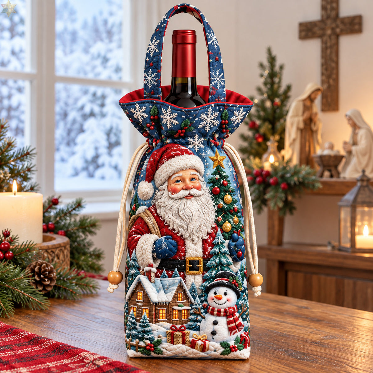 Santa Winter Wonderland Quilted Bottle Carrier Bag GFTOHNL4876