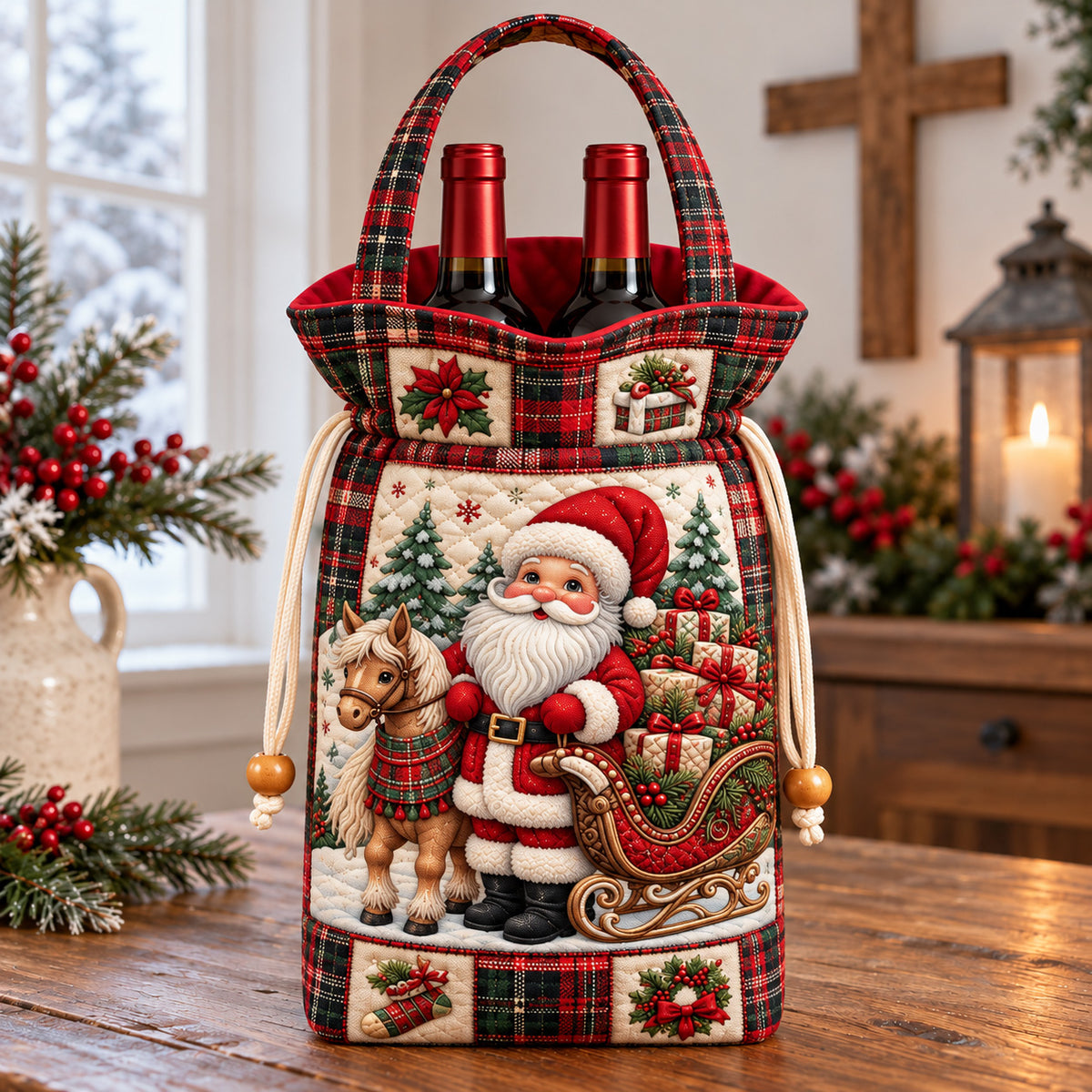 Santa Christmas Sleigh Quilted Bottle Carrier Bag GFTOHNL4877