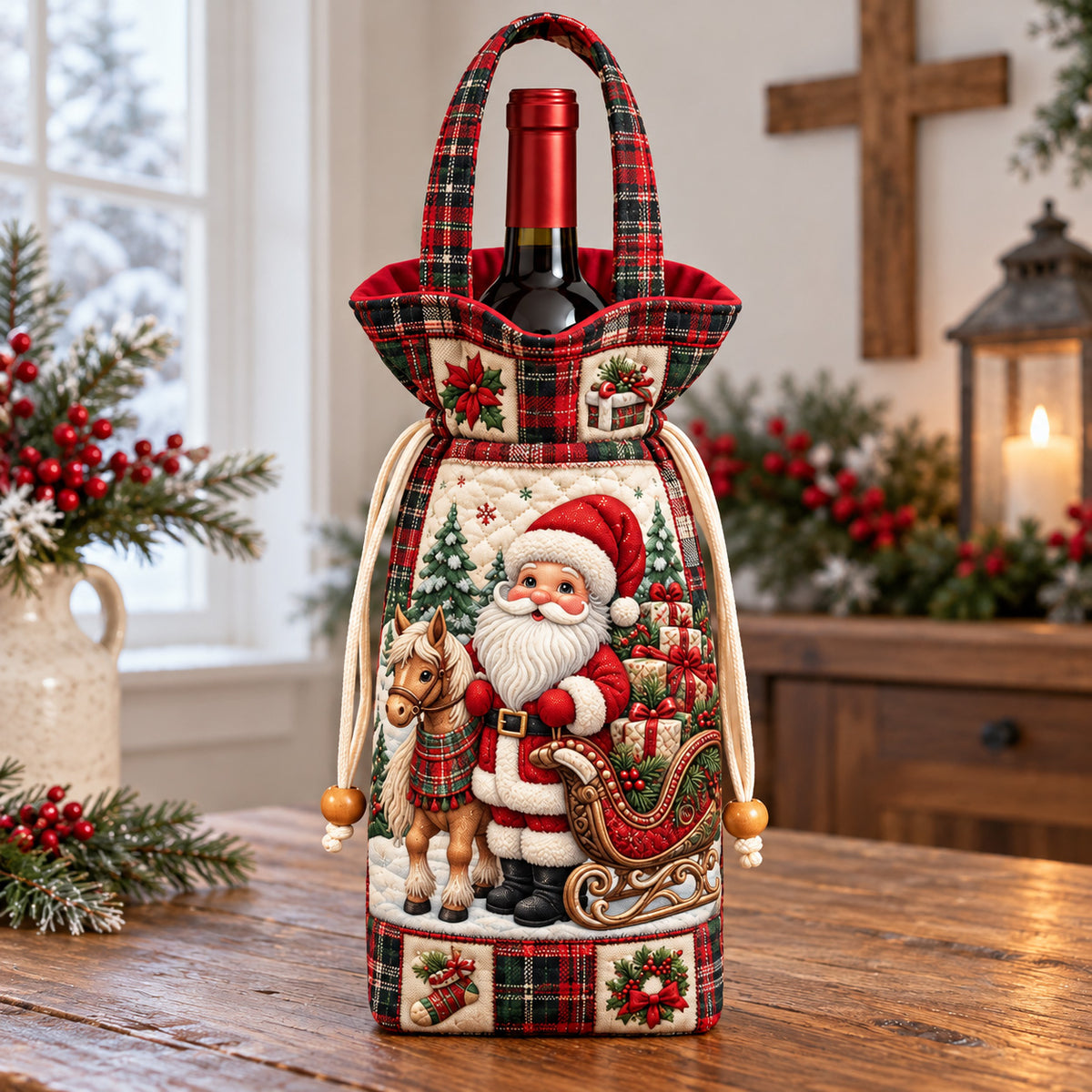 Santa Christmas Sleigh Quilted Bottle Carrier Bag GFTOHNL4877