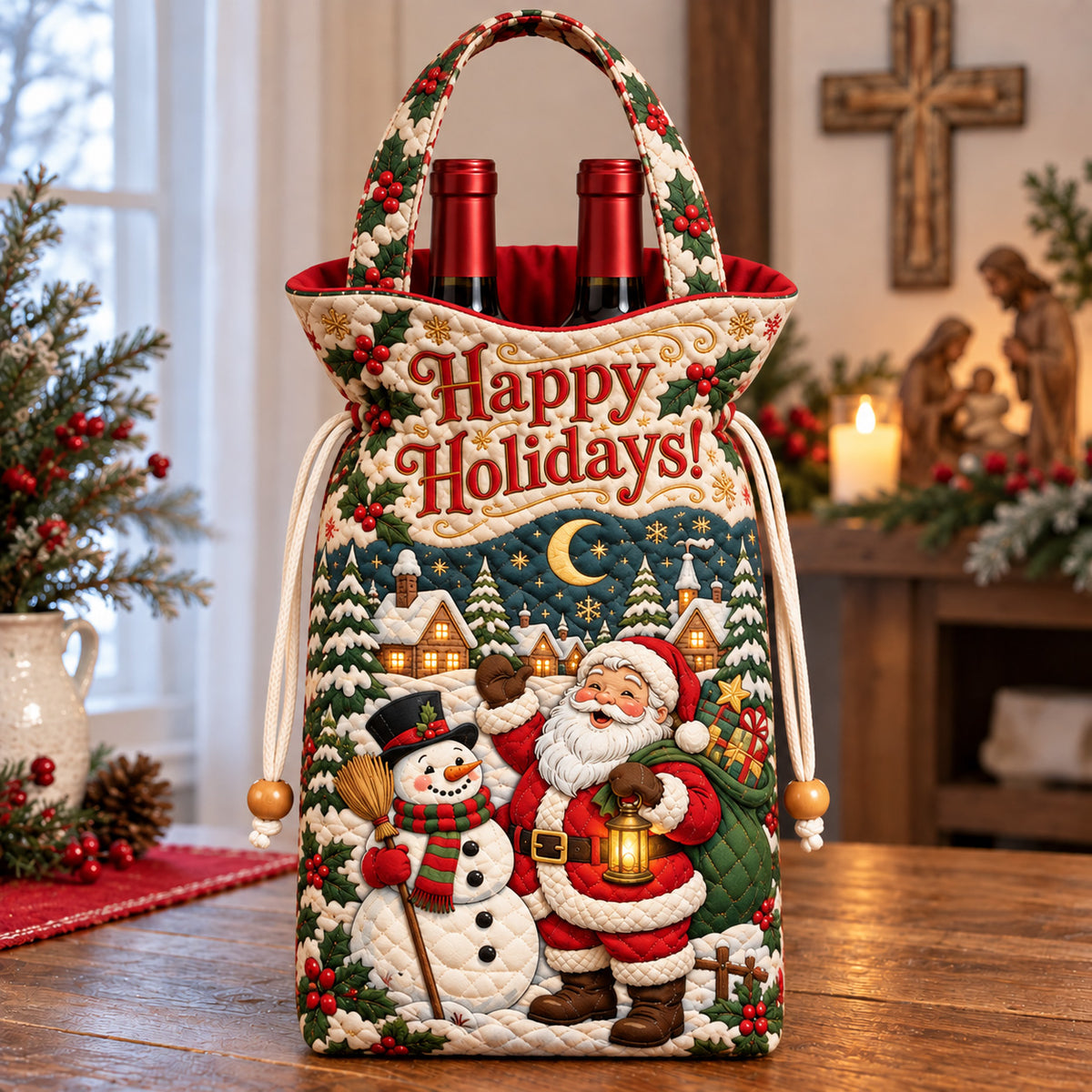 Santa Snowman Holiday Joy Quilted Bottle Carrier Bag GFTOHNL4879