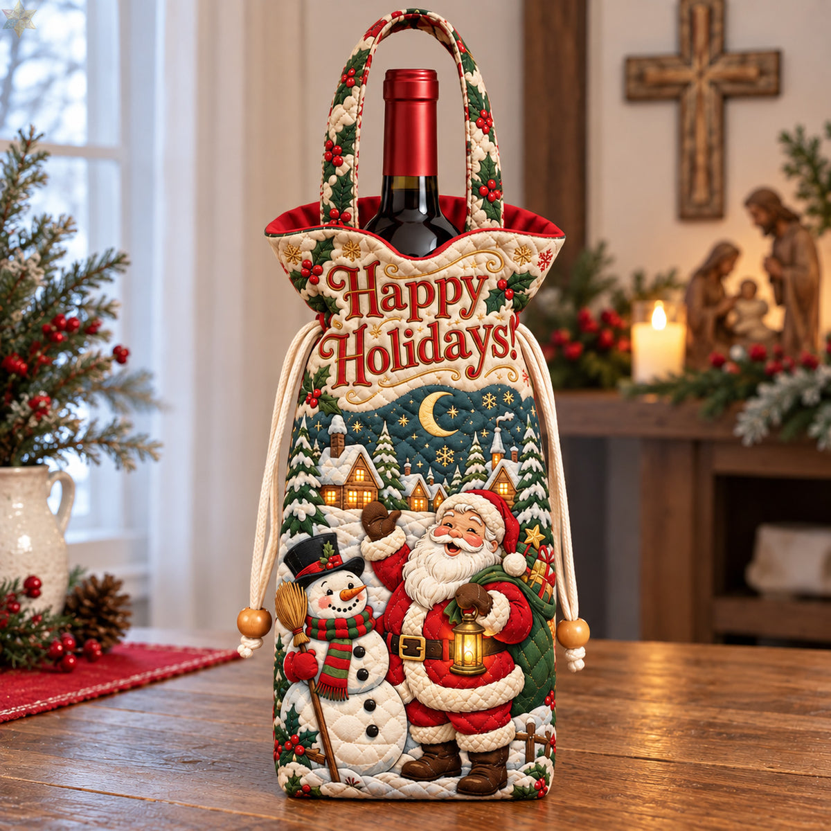 Santa Snowman Holiday Joy Quilted Bottle Carrier Bag GFTOHNL4879