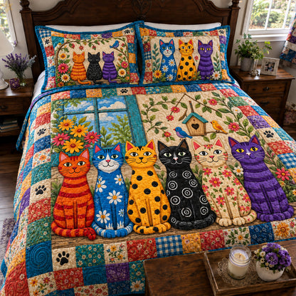 Colorful Cat Garden 3-Piece Quilted Bedding Set GFTOHNL4887