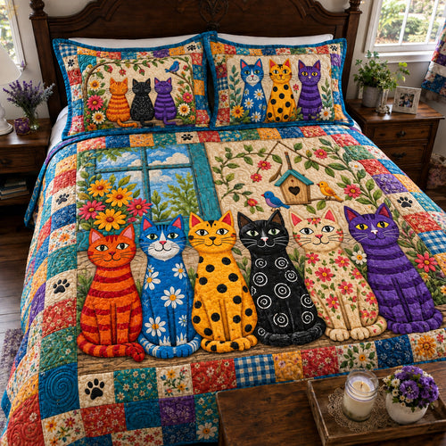 Colorful Cat Garden 3-Piece Quilted Bedding Set GFTOHNL4887