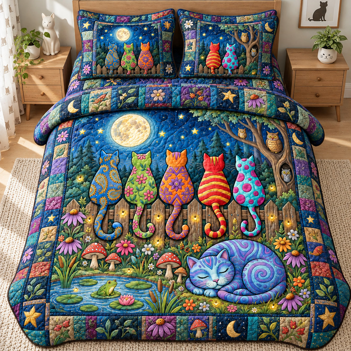 Whimsical Moonlight Cats 3-Piece Quilted Bedding Set GFTOHNL4888