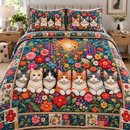 Cats In Blooming Garden 3-Piece Quilted Bedding Set GFTOHNL4889