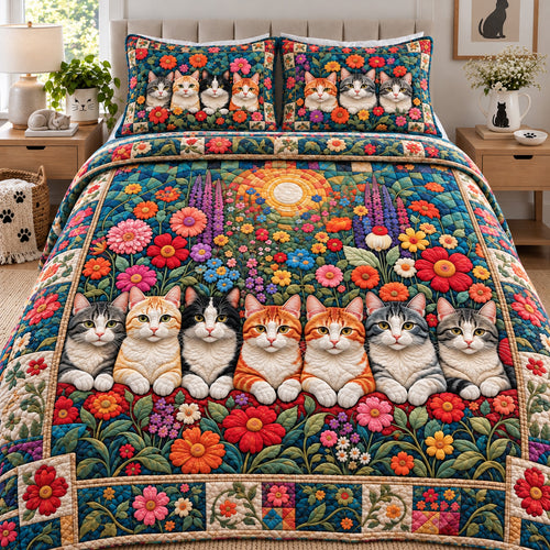 Cats In Blooming Garden 3-Piece Quilted Bedding Set GFTOHNL4889