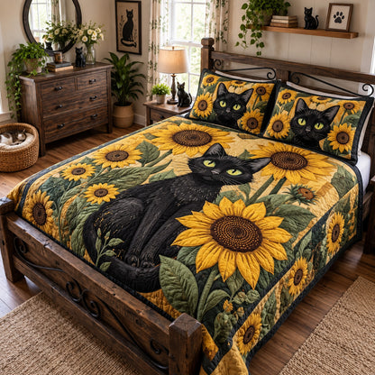 Black Cat Sunflower Garden 3-Piece Quilted Bedding Set GFTOHNL4890