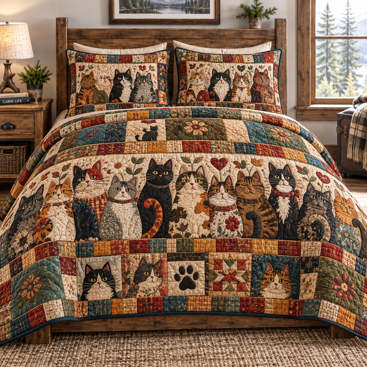 Rustic Patchwork Cat Family 3-Piece Quilted Bedding Set GFTOHNL4891
