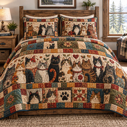Rustic Patchwork Cat Family 3-Piece Quilted Bedding Set GFTOHNL4891