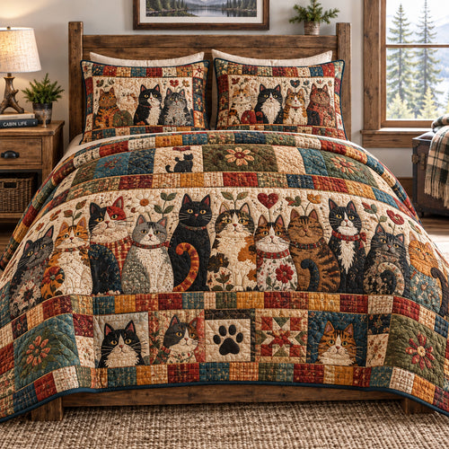 Rustic Patchwork Cat Family 3-Piece Quilted Bedding Set GFTOHNL4891