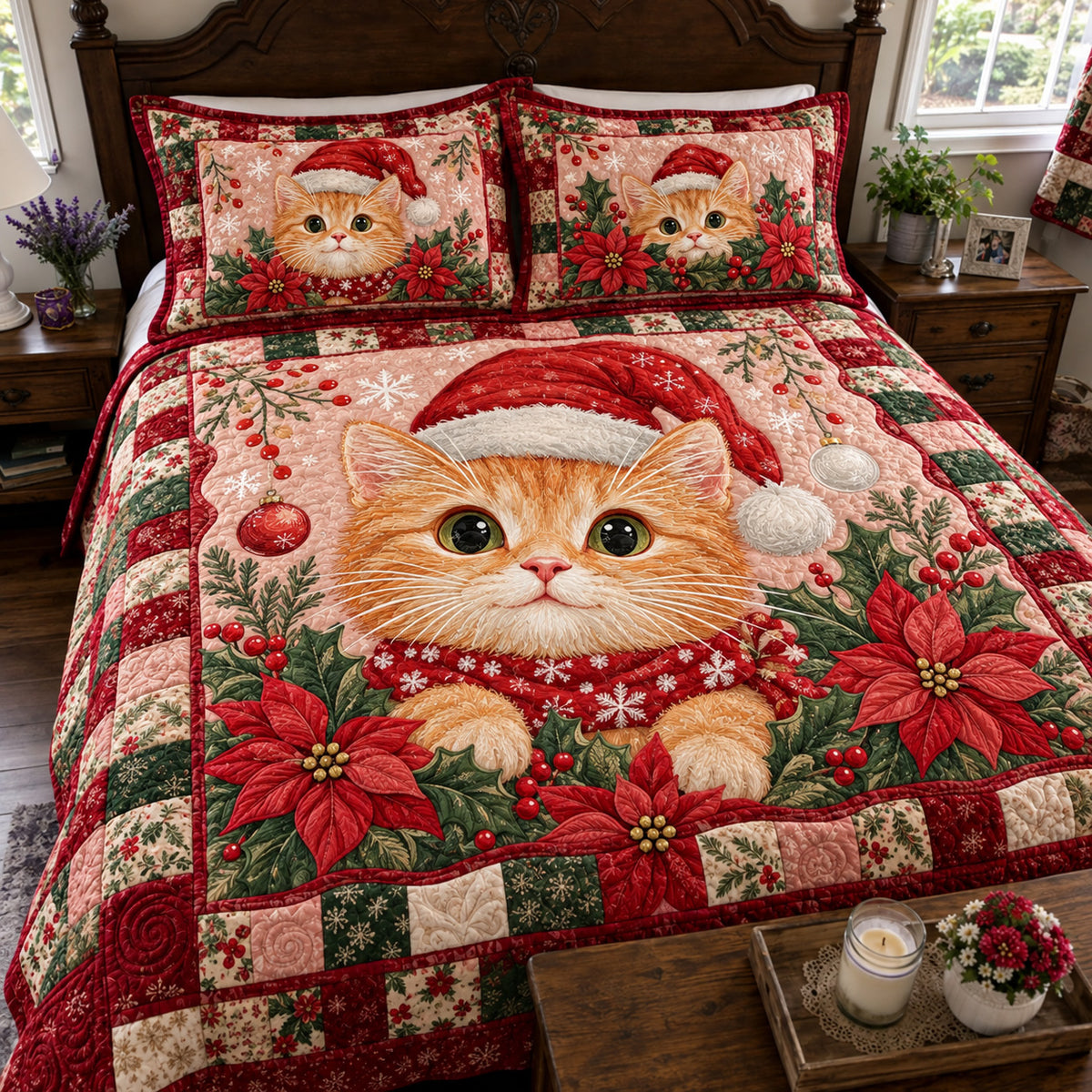 Christmas Santa Kitten 3-Piece Quilted Bedding Set GFTOHNL4892