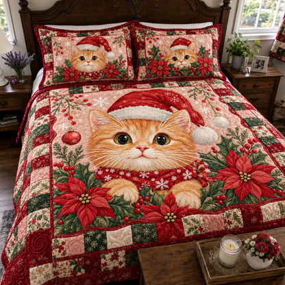 Christmas Santa Kitten 3-Piece Quilted Bedding Set GFTOHNL4892