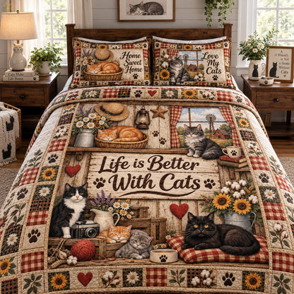 Life Is Better With Cats 3-Piece Quilted Bedding Set GFTOHNL4893