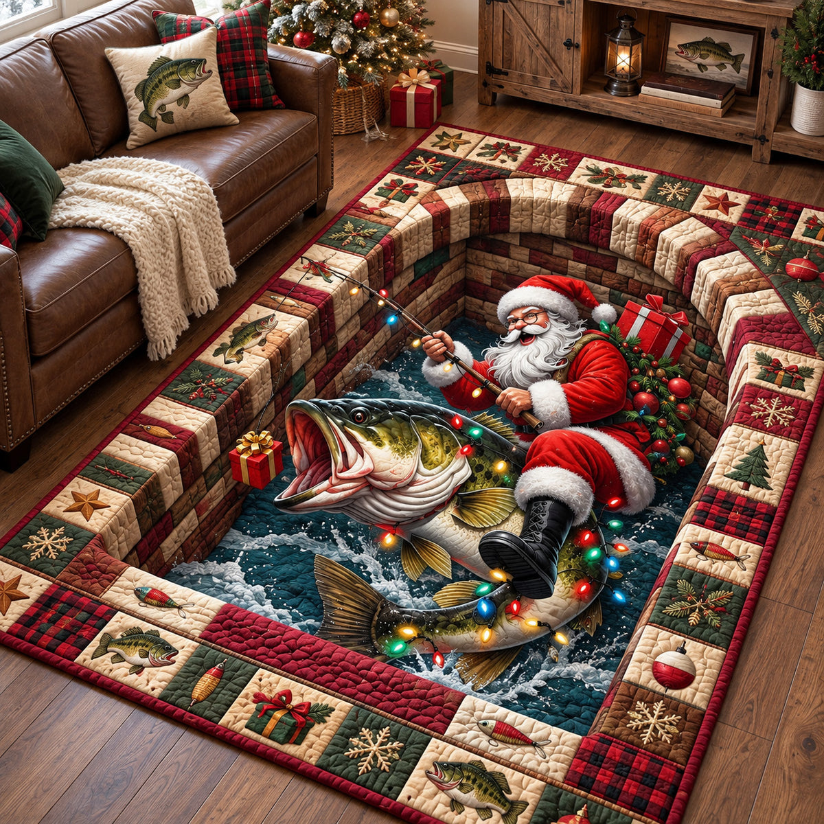 Santa Christmas Fishing Adventure Area Rug GFTOHNL4896