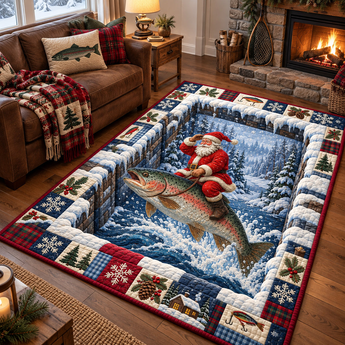 Santa Winter Fishing Ride Area Rug GFTOHNL4897