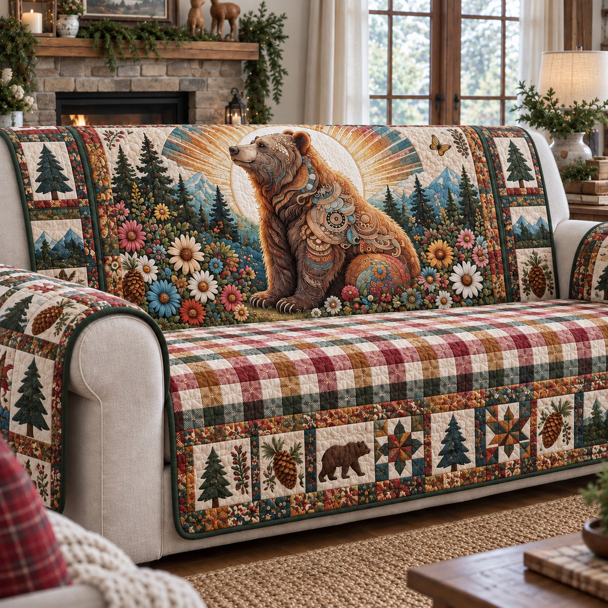 Boho Bear Wildflower Garden Quilted Sofa Cover GFTOHNL4911