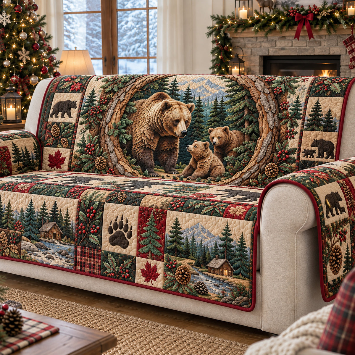 Bear Family Woodland Retreat Quilted Sofa Cover GFTOHNL4914