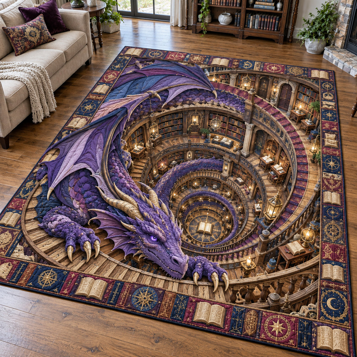Purple Dragon Magic Library Area Rug GFTOHNL4939