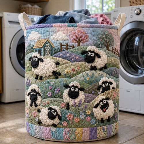 Playful Patchwork Sheep Meadow Quilted Laundry Basket GFTOHNL494