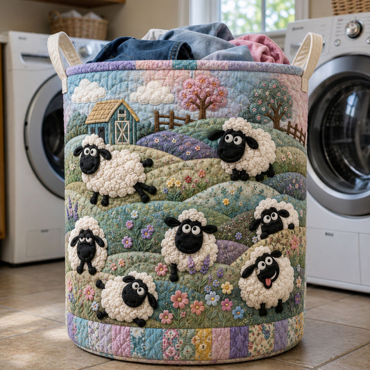 Playful Patchwork Sheep Meadow Quilted Laundry Basket GFTOHNL494