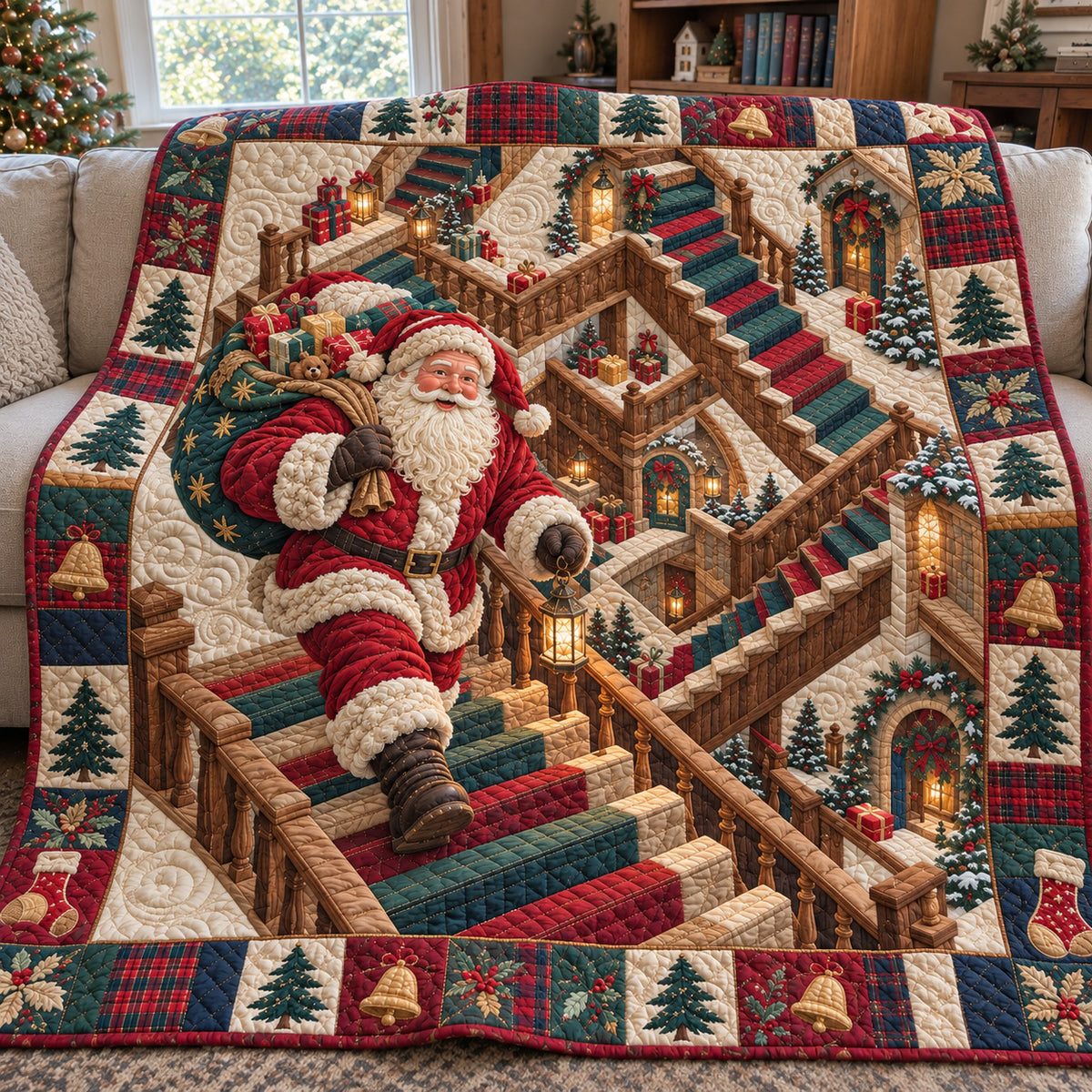 Santa Christmas Stairway Quilted Blanket GFTOHNL4972