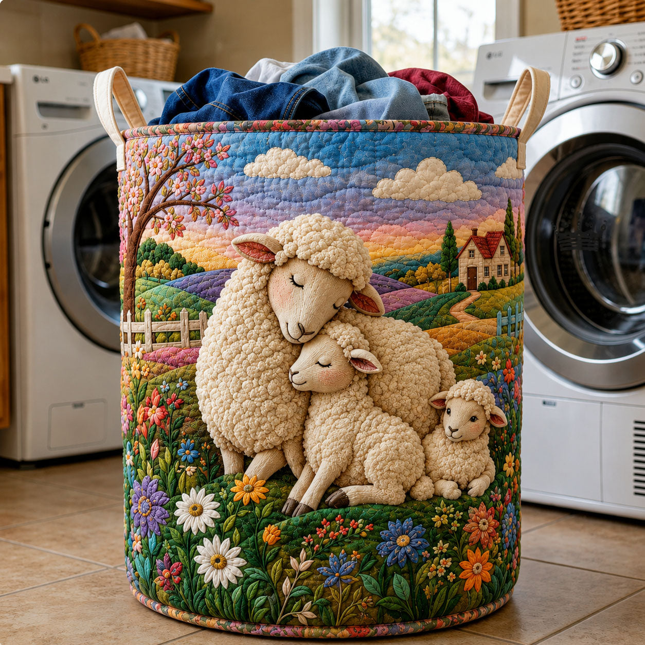 Spring Blossom Sheep Family Quilted Laundry Basket GFTOHNL498