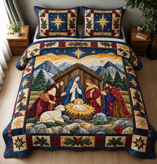 Christmas Nativity Under The Star 3-Piece Quilted Bedding Set GFTOHNL4980
