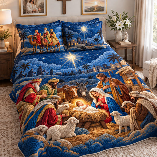 Three Wise Men Visit Baby Jesus 3-Piece Quilted Bedding Set GFTOHNL4982