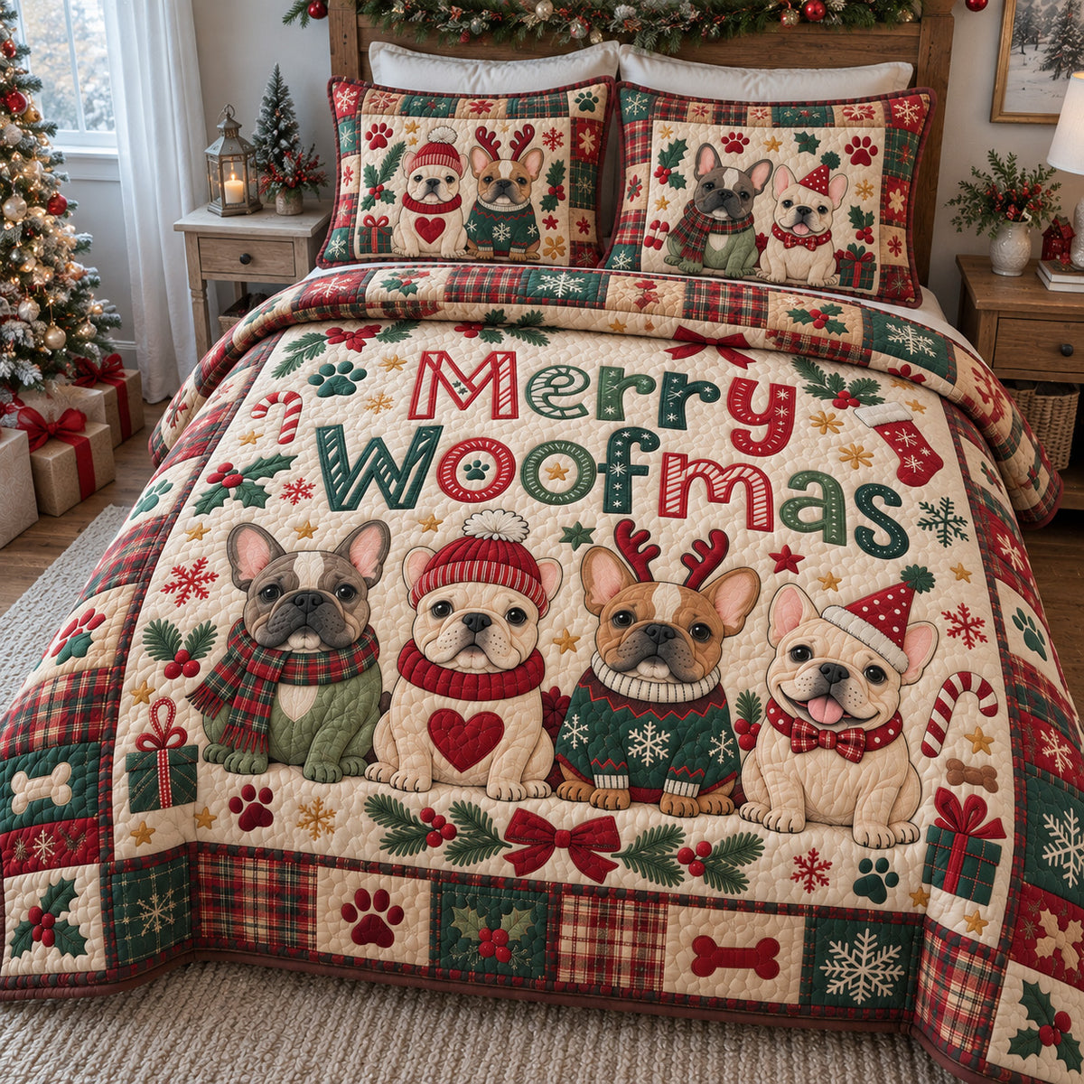 Merry Woofmas Frenchies 3-Piece Quilted Bedding Set GFTOHNL4998