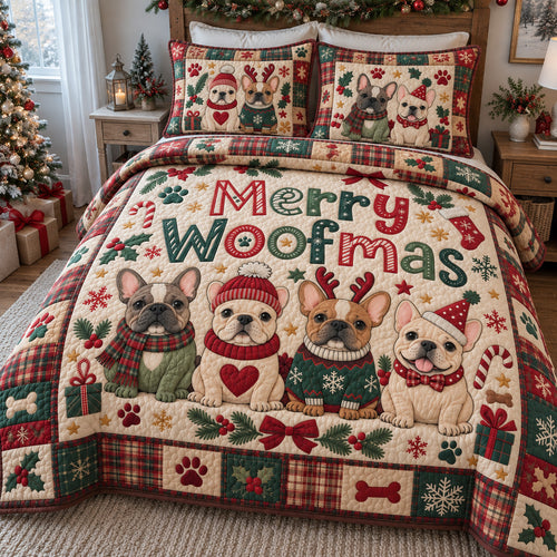 Merry Woofmas Frenchies 3-Piece Quilted Bedding Set GFTOHNL4998