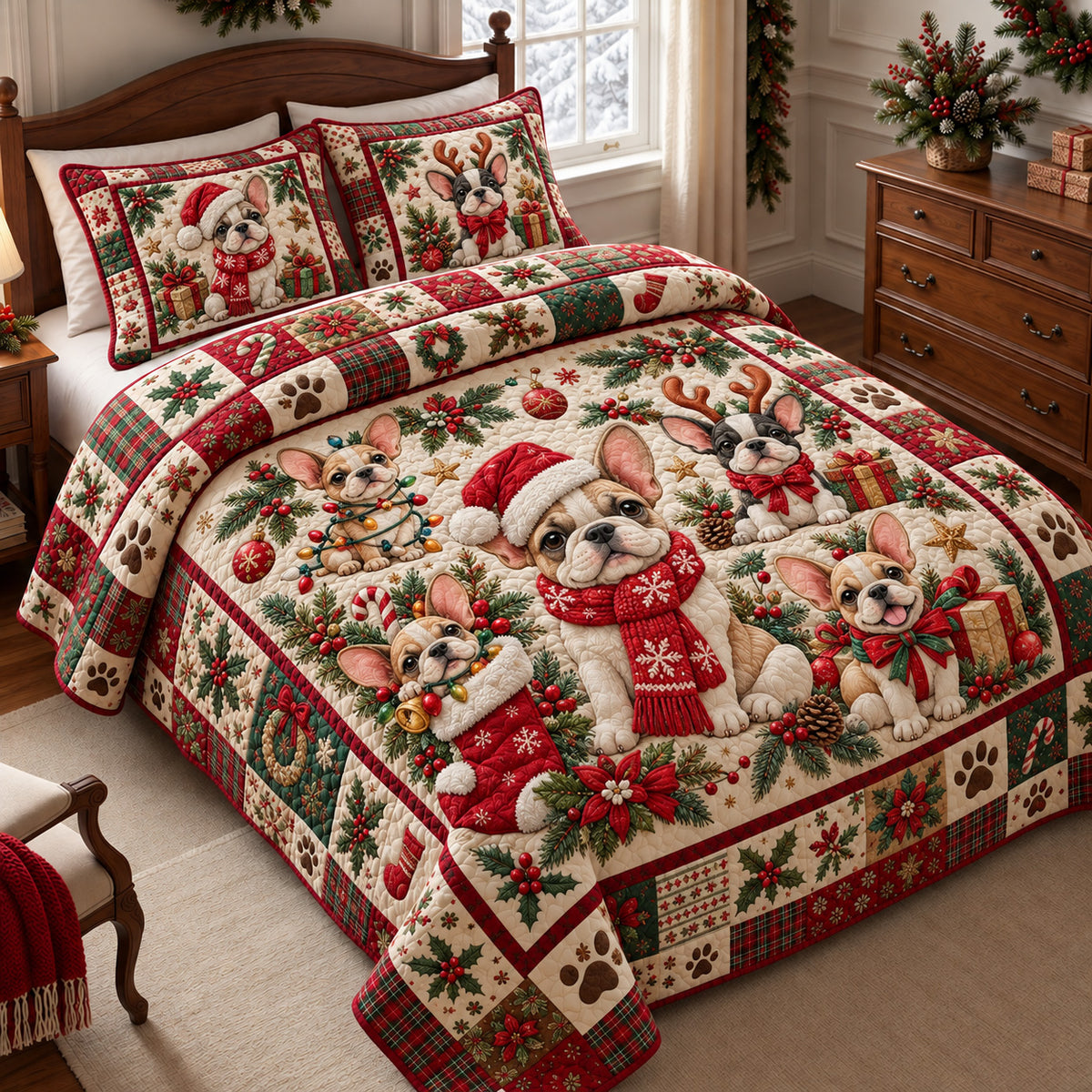 Christmas Frenchie Family 3-Piece Quilted Bedding Set GFTOHNL4999