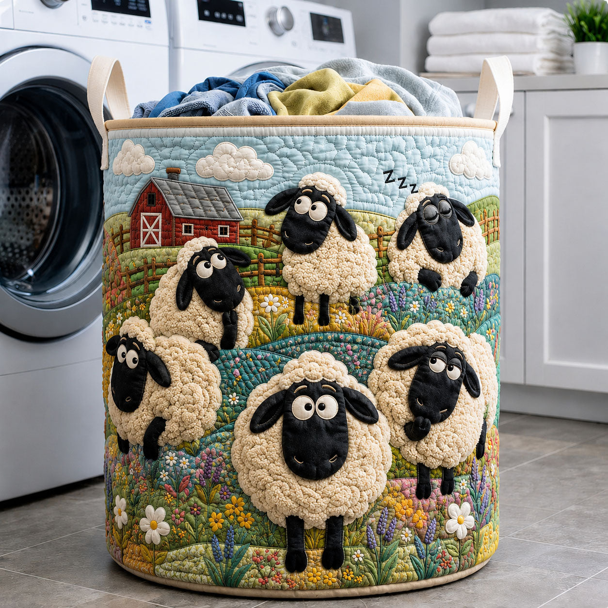 Shaun Style Happy Sheep Hillside Quilted Laundry Basket GFTOHNL500
