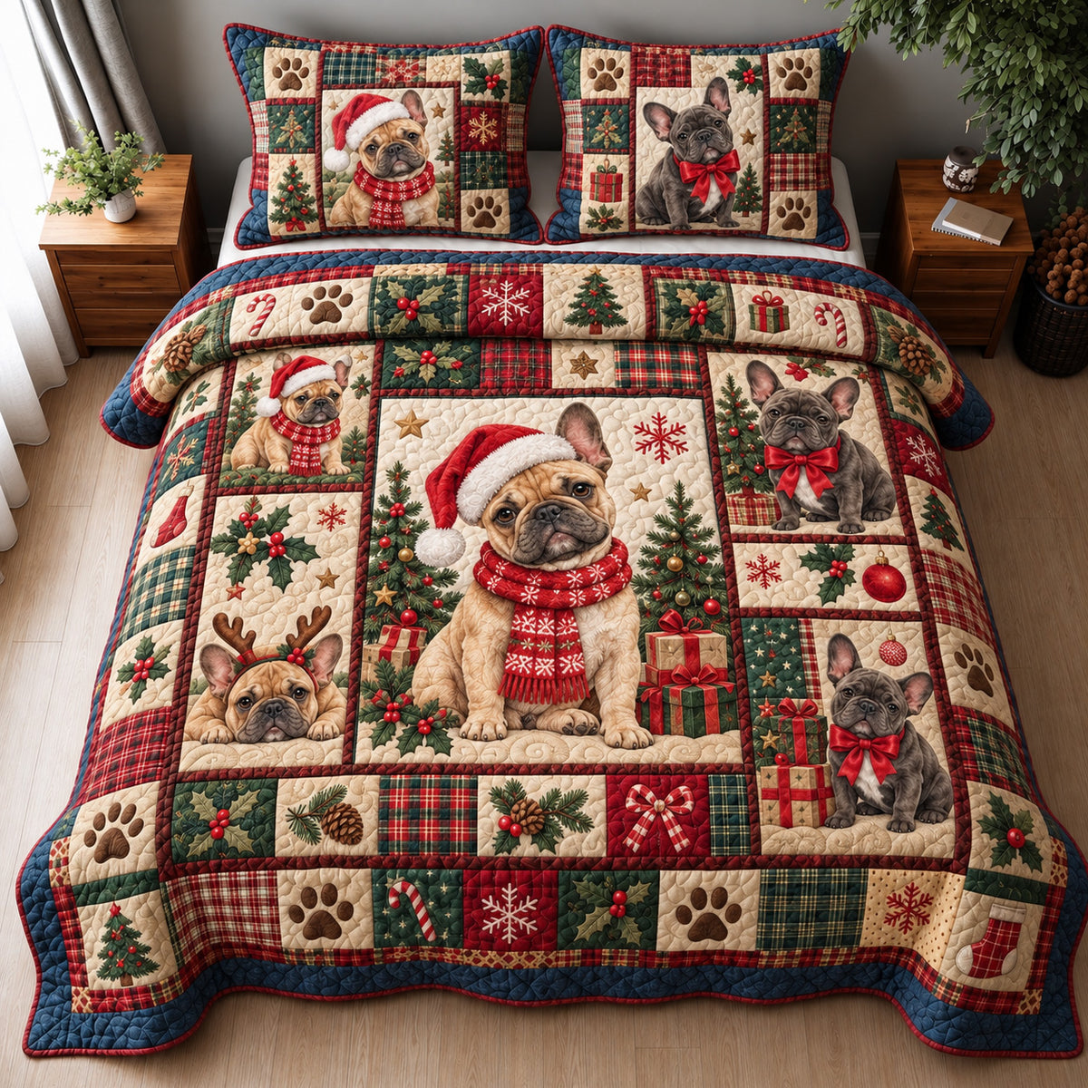 French Bulldog Christmas Patchwork 3-Piece Quilted Bedding Set GFTOHNL5000