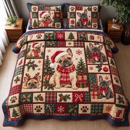 French Bulldog Christmas Patchwork 3-Piece Quilted Bedding Set GFTOHNL5000