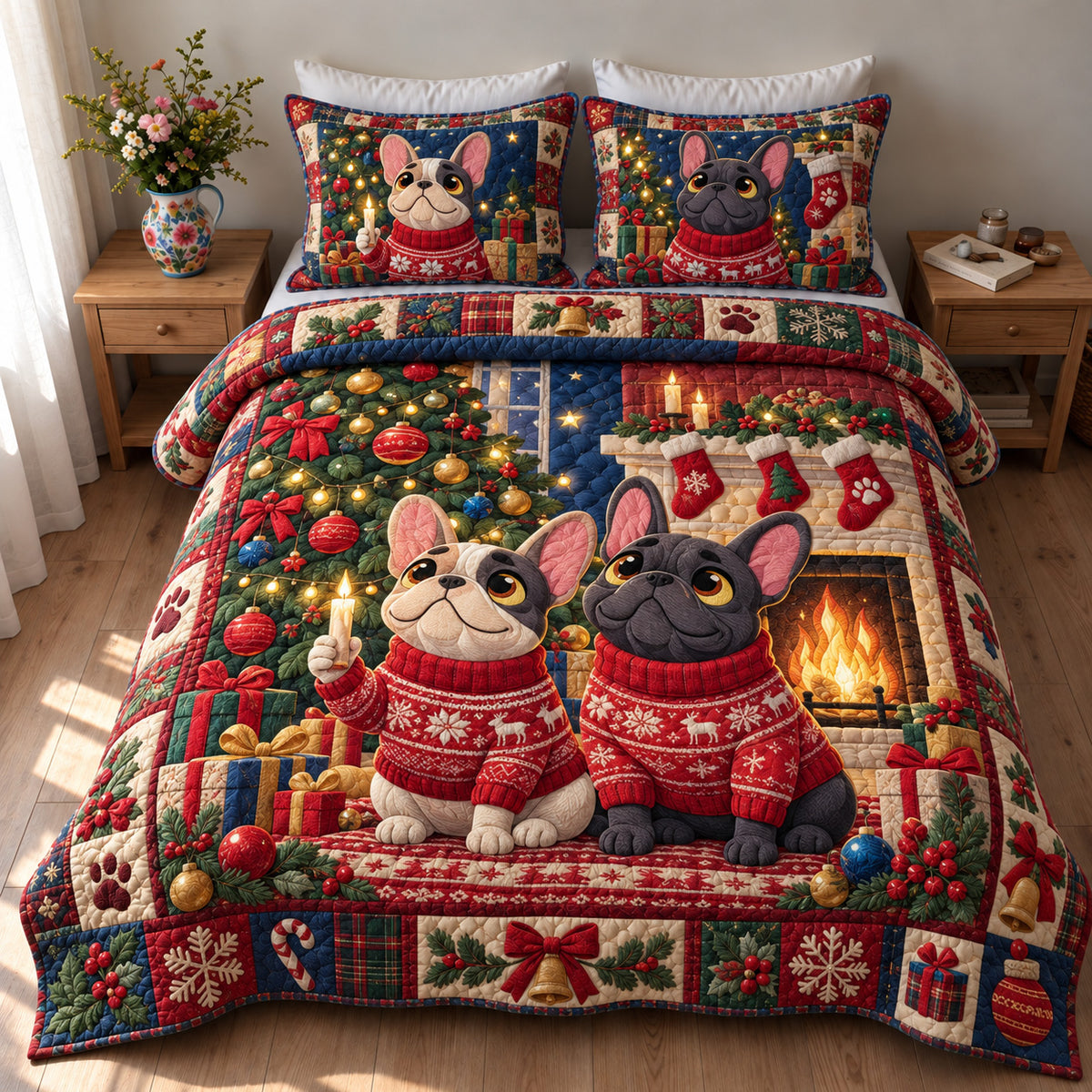 Frenchie Christmas Wishes 3-Piece Quilted Bedding Set GFTOHNL5001