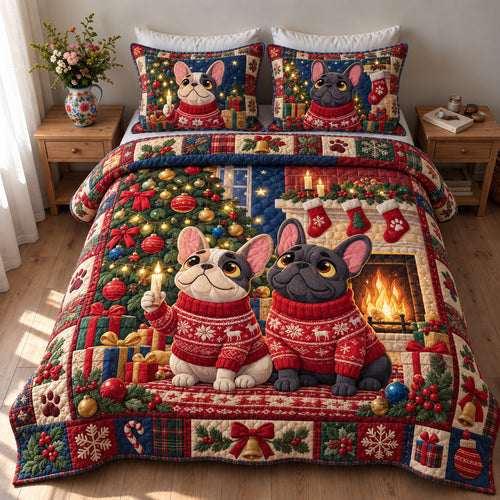 Frenchie Christmas Wishes 3-Piece Quilted Bedding Set GFTOHNL5001
