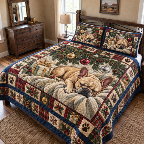 Sleeping Frenchie Christmas 3-Piece Quilted Bedding Set GFTOHNL5002