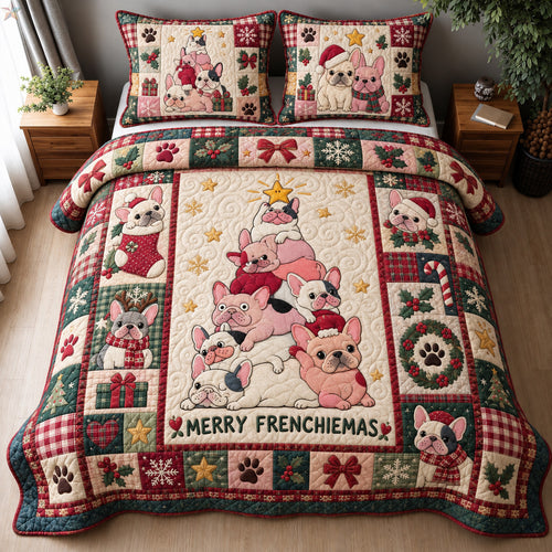 Merry Frenchiemas Puppies 3-Piece Quilted Bedding Set GFTOHNL5003