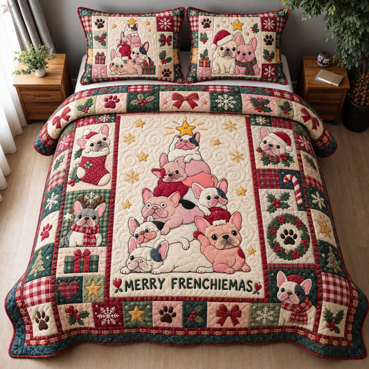 Merry Frenchiemas Puppies 3-Piece Quilted Bedding Set GFTOHNL5003