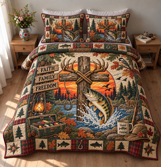 Faith Family Freedom Fishing 3-Piece Quilted Bedding Set GFTOHNL5004