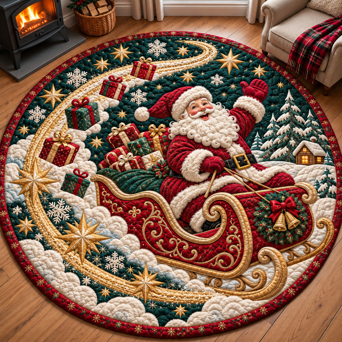 Santa Magical Sleigh Ride Quilted Round Mat GFTOHNL5027
