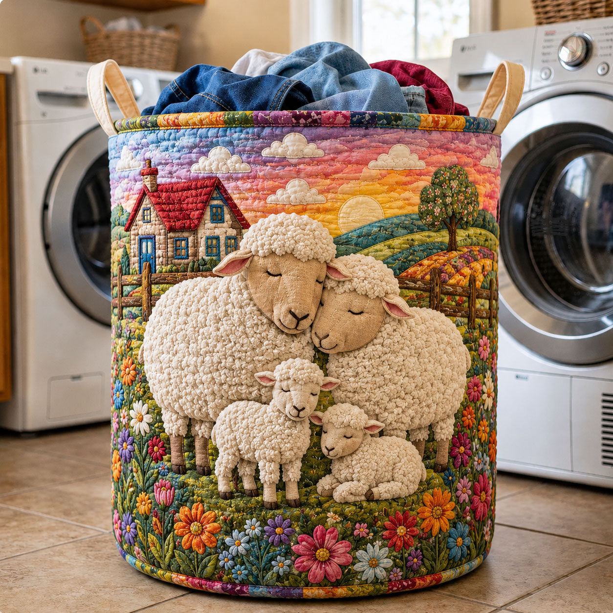Sunset Sheep Family Cottage Quilted Laundry Basket GFTOHNL504