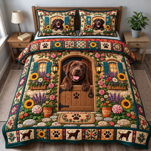 Chocolate Labrador Flower Cottage 3-Piece Quilted Bedding Set GFTOHNL5069