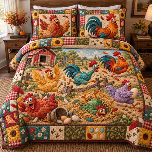 Chicken Family Surprise 3-Piece Quilted Bedding Set GFTOHNL5138
